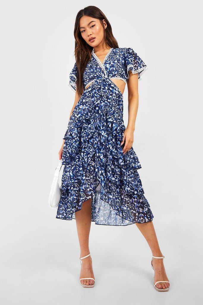 Womens Printed Cut Out Ruffle Midi Dress - Blue - 10, Blue