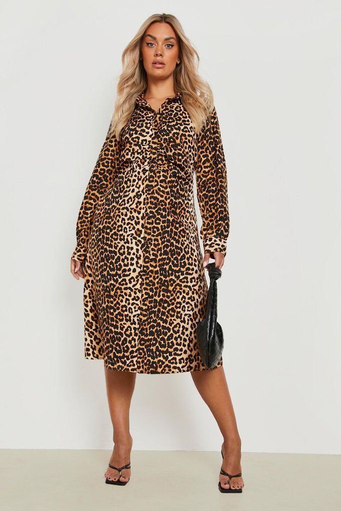 Womens Plus Leopard Print Ruched Midi Shirt Dress - Brown - 16, Brown