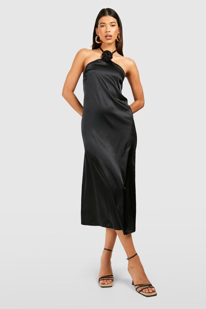 Womens Tall Satin Halter Corsage Dress - Black - 8, Black