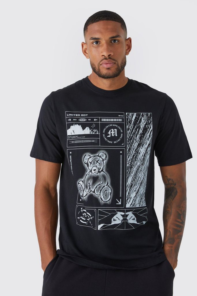 Men's Tall Oversized Teddy Multi Graphic T-Shirt - Black - S, Black