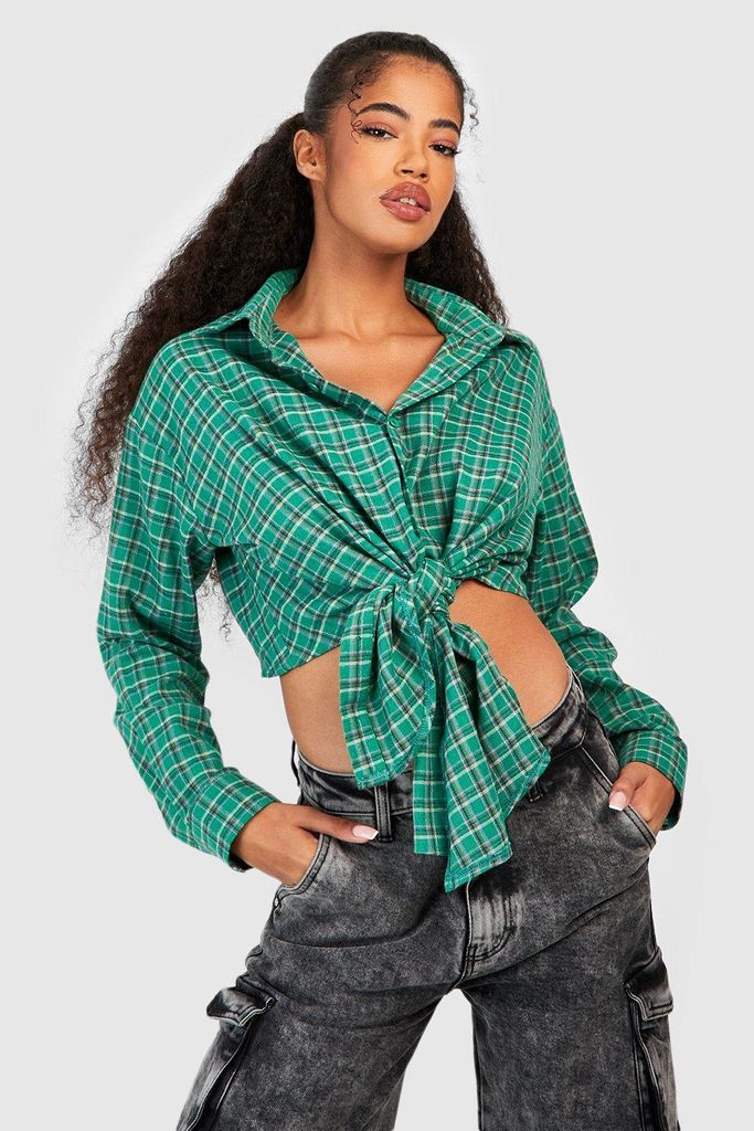 Womens Check Cropped Side Tie Shirt - Green - 6, Green