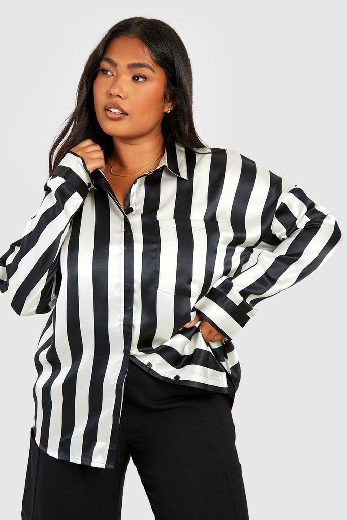 Womens Plus Satin Stripe Oversized Shirt - Black - 16, Black