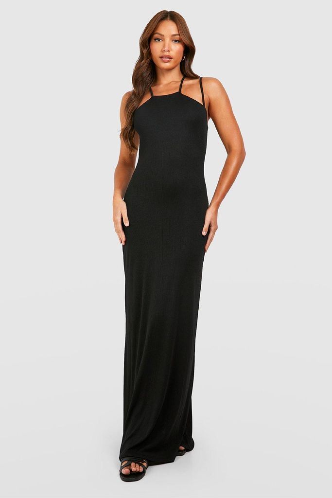 Womens Tall Crinkle Texture Halter Multi Strap Midaxi Dress - Black - 8, Black