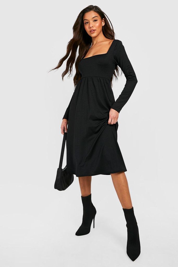 Womens Long Sleeve Square Neck Midi Smock Dress - Black - 8, Black