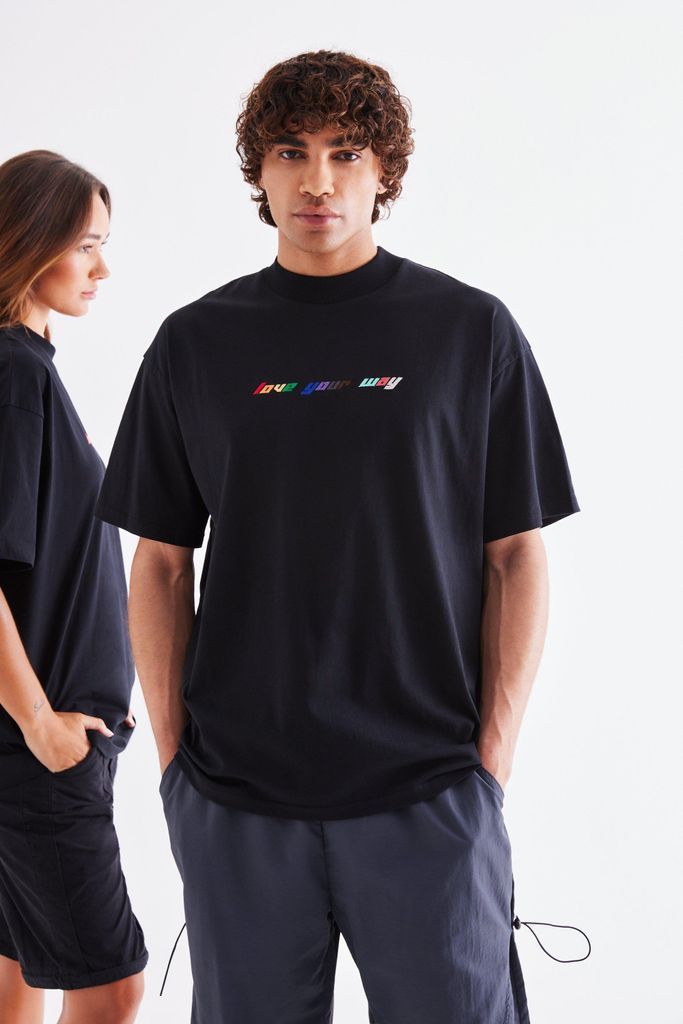 Men's Oversized Love Your Way Embroidered Pride T-Shirt - Black - S, Black