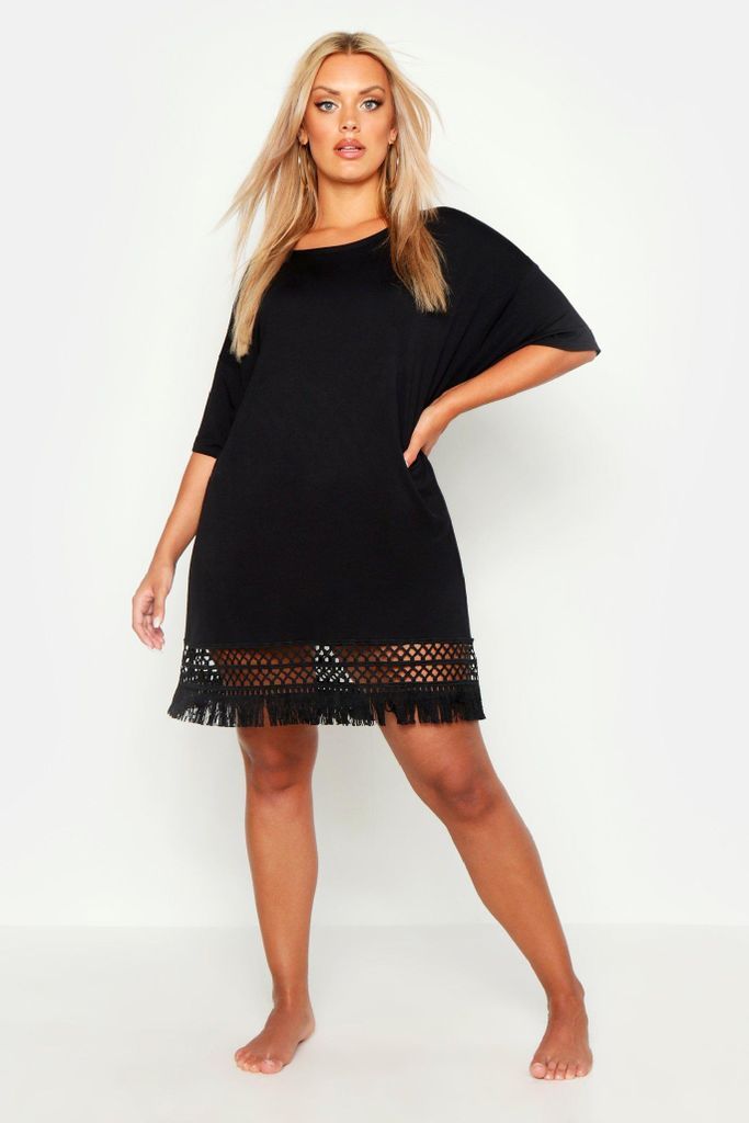 Womens Plus Crochet Tassel Hem Beach Dress - Black - 18, Black