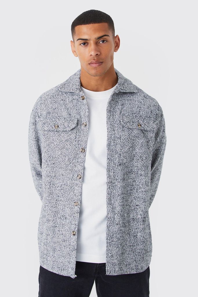 Men's Long Sleeve Textured Wool Look Overshirt - Grey - S, Grey