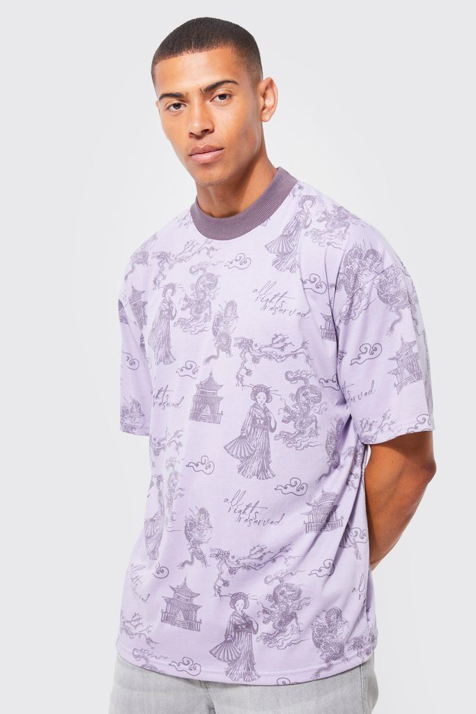 Men's Oversized Contrast Neck Dragon Graphic T-Shirt - Purple - S, Purple