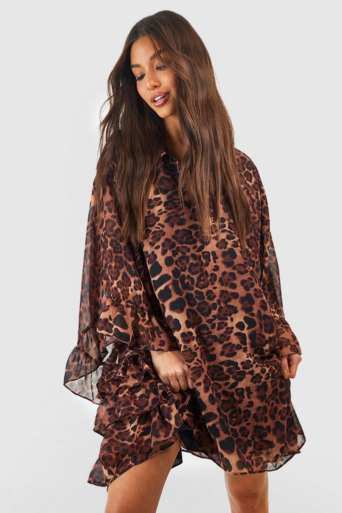 Womens Chiffon Leopard Ruffle Smock Dress - Brown - 8, Brown