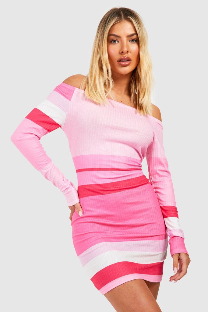 Womens Stripe Soft Rib Off Shoulder Bodycon Dress - Pink - 8, Pink