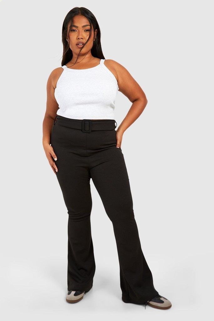 Womens Plus Crepe Belt Detail Flare Trouser - Black - 16, Black
