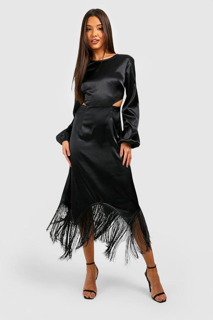 Womens Satin Tassel Hem Cut Out Midaxi Dress - Black - 8, Black