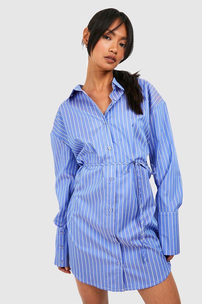 Womens Stripe Cinched Waist Shirt Dress - Blue - 8, Blue