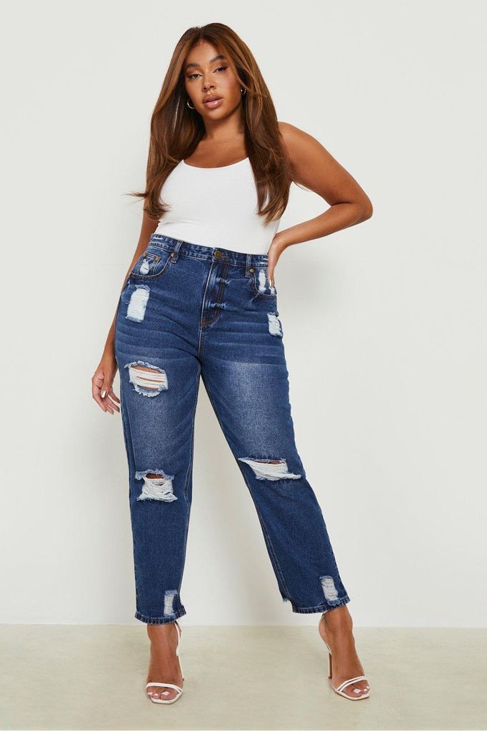 Womens Plus Distressed High Waisted Mom Jeans - Blue - 16, Blue