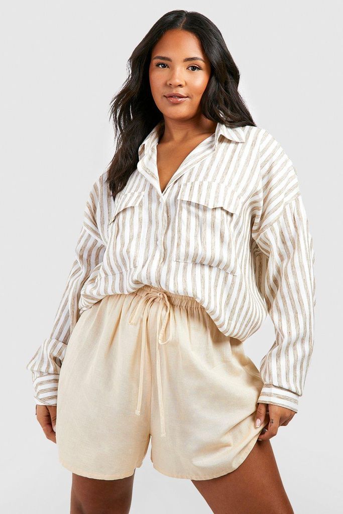 Womens Plus Oversized Linen Striped Utility Shirt - Beige - 18, Beige