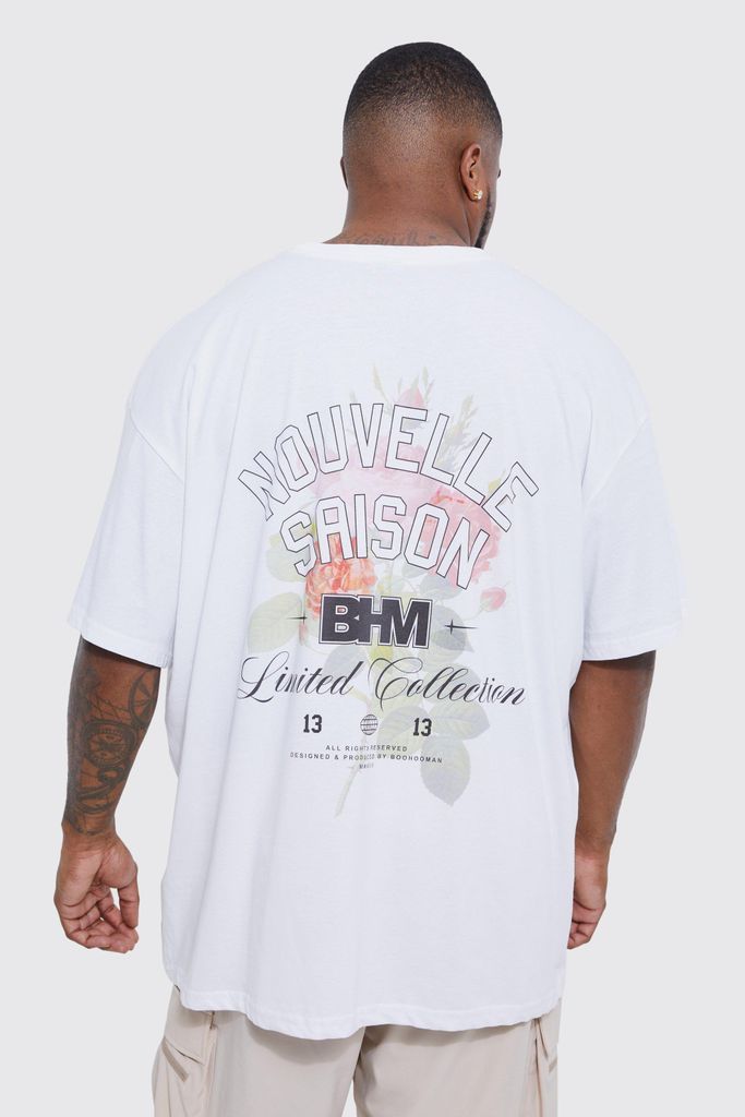 Men's Plus Oversized Floral Back Graphic T-Shirt - White - Xxxl, White