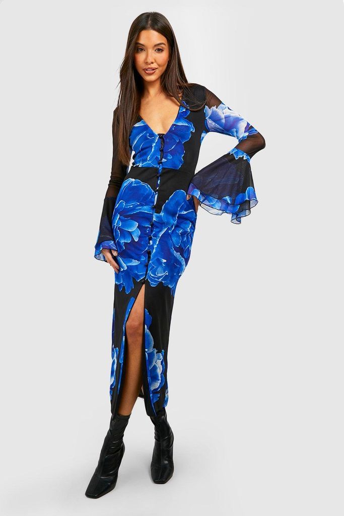 Womens Floral Mesh Flare Sleeve Midaxi Dress - Blue - 8, Blue