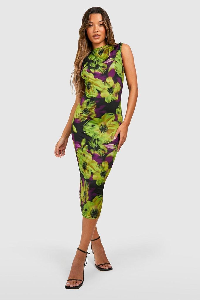 Womens Floral Slinky High Neck Midi Dress - Green - 8, Green
