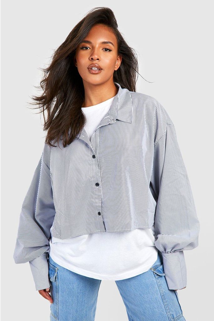 Womens Plus Cropped Stripe Shirt - Grey - 16, Grey