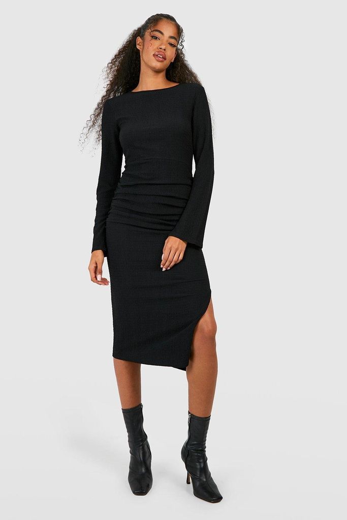 Womens Textured Rouched Midaxi Dress - Black - 8, Black