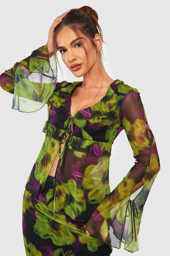 Womens Blurred Floral Mesh Maxi Skirt - Green - 6, Green