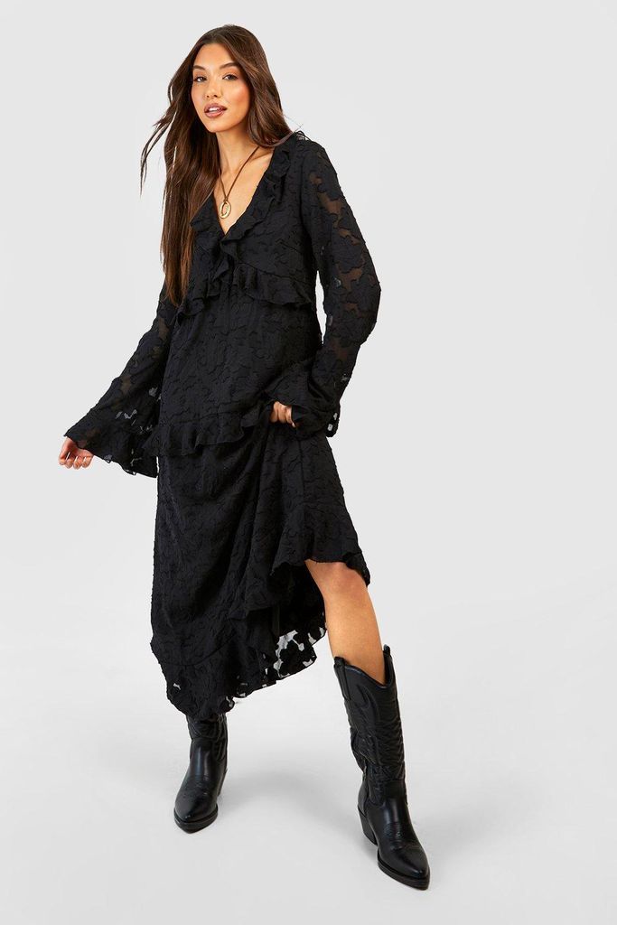 Womens Textured Jaquard Frill Midaxi Smock Dress - Black - 8, Black