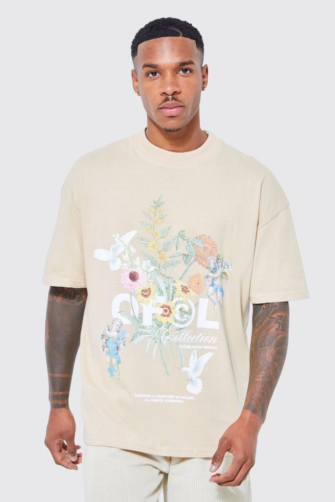Men's Oversized Extended Neck Ofcl Floral T-Shirt - Beige - S, Beige
