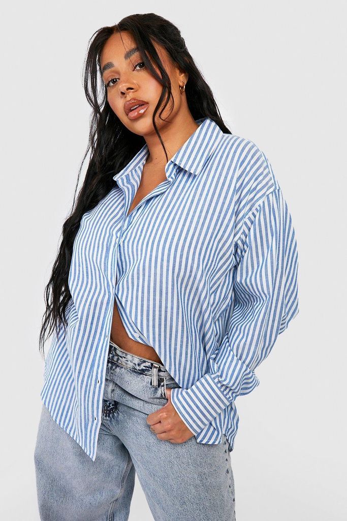 Womens Plus Oversized Linen Stripe Shirt - Blue - 22, Blue