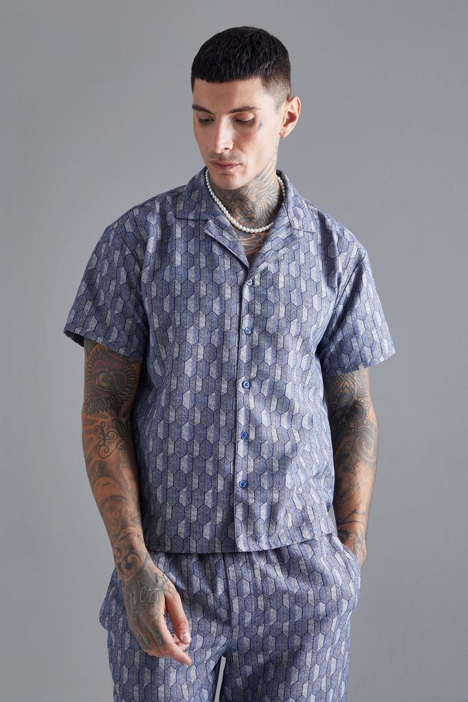 Men's Short Sleeve Boxy Woven Smart Geo Shirt - Navy - S, Navy