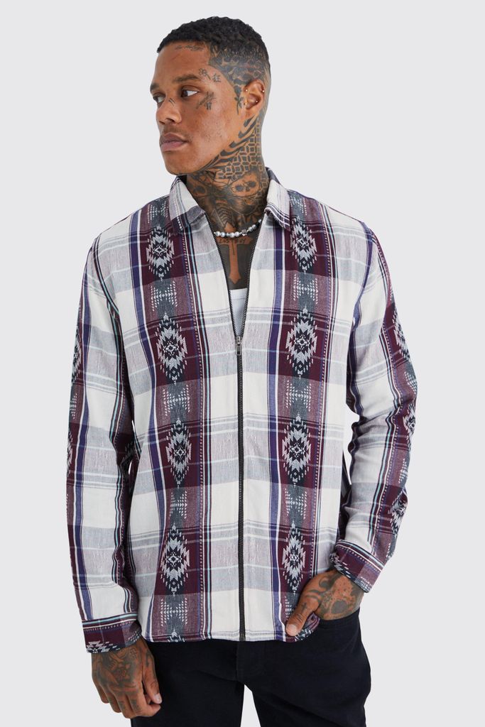 Men's Long Sleeve Zip Through Aztec Overshirt - Cream - S, Cream