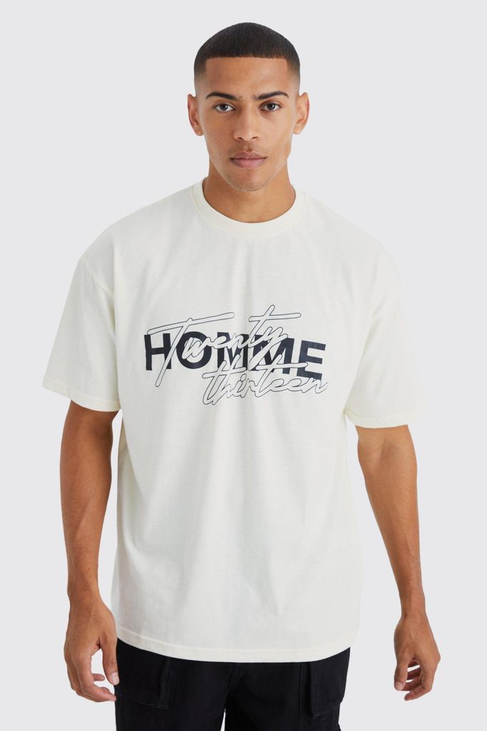 Men's Oversized Homme Print T-Shirt - Cream - S, Cream