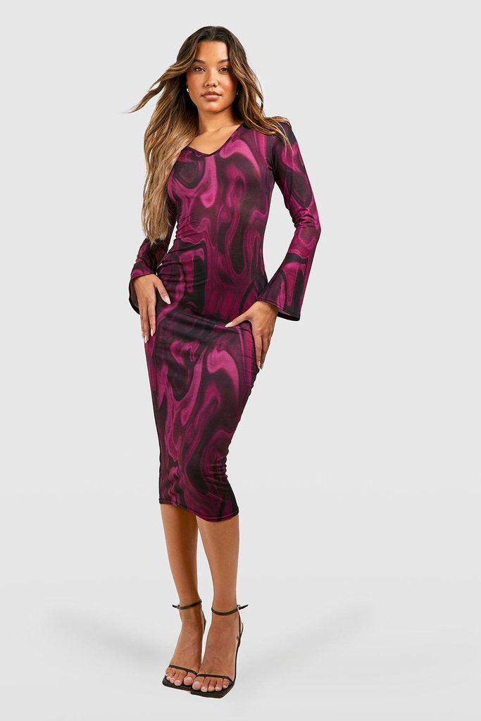 Womens Abstract Flare Cuff Midaxi Dress - Purple - 8, Purple