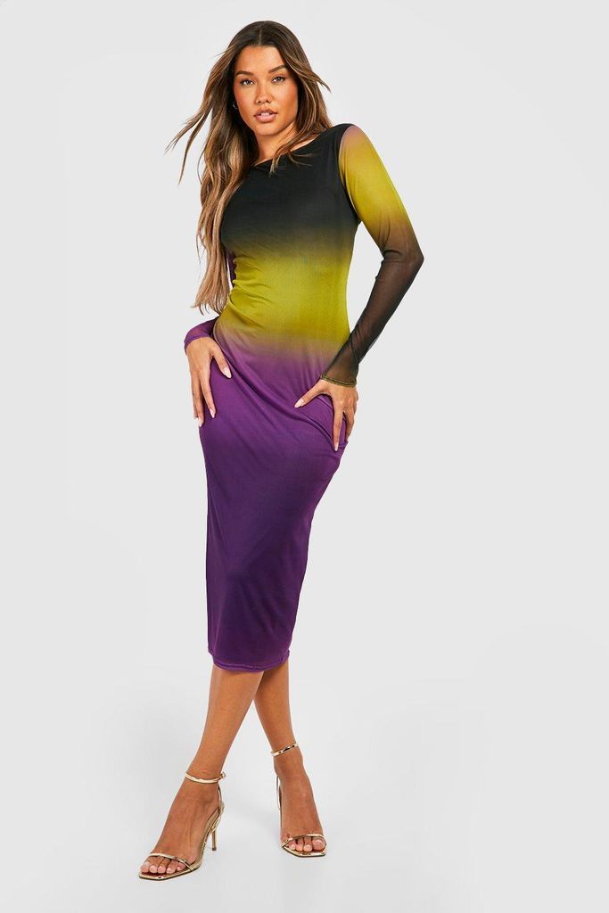 Womens Ombre Mesh Long Sleeve Midi Dress - Purple - 8, Purple