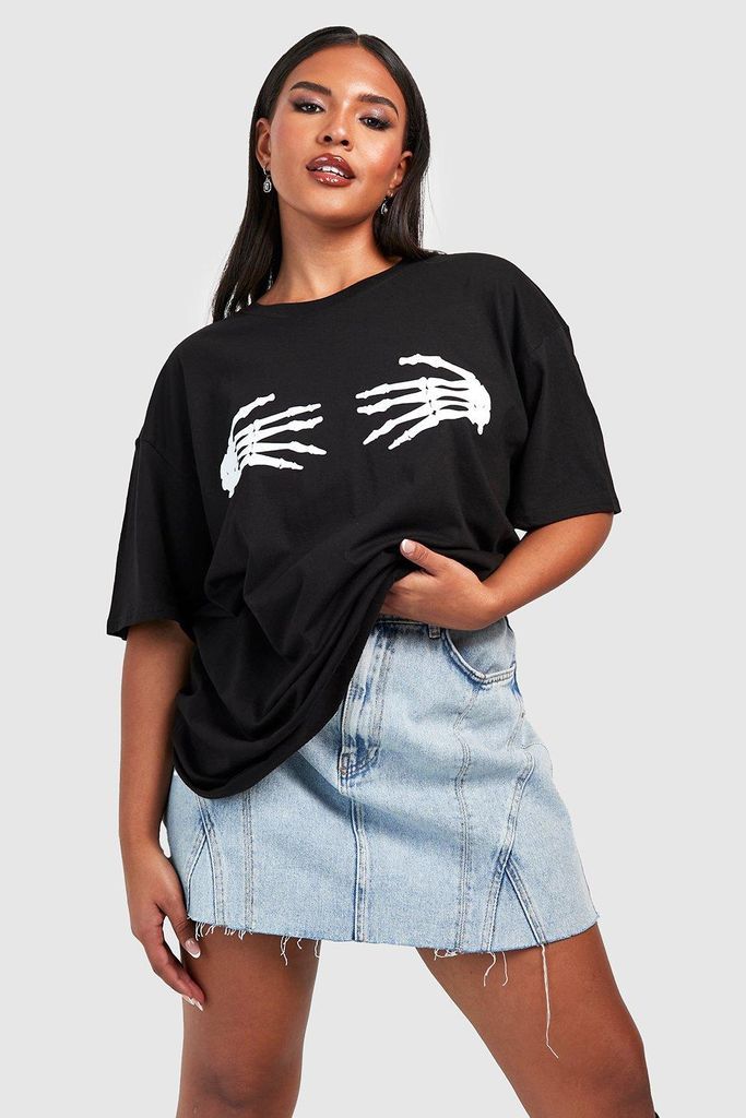 Womens Plus Halloween Skeleton Hand Print T-Shirt - Black - 16, Black