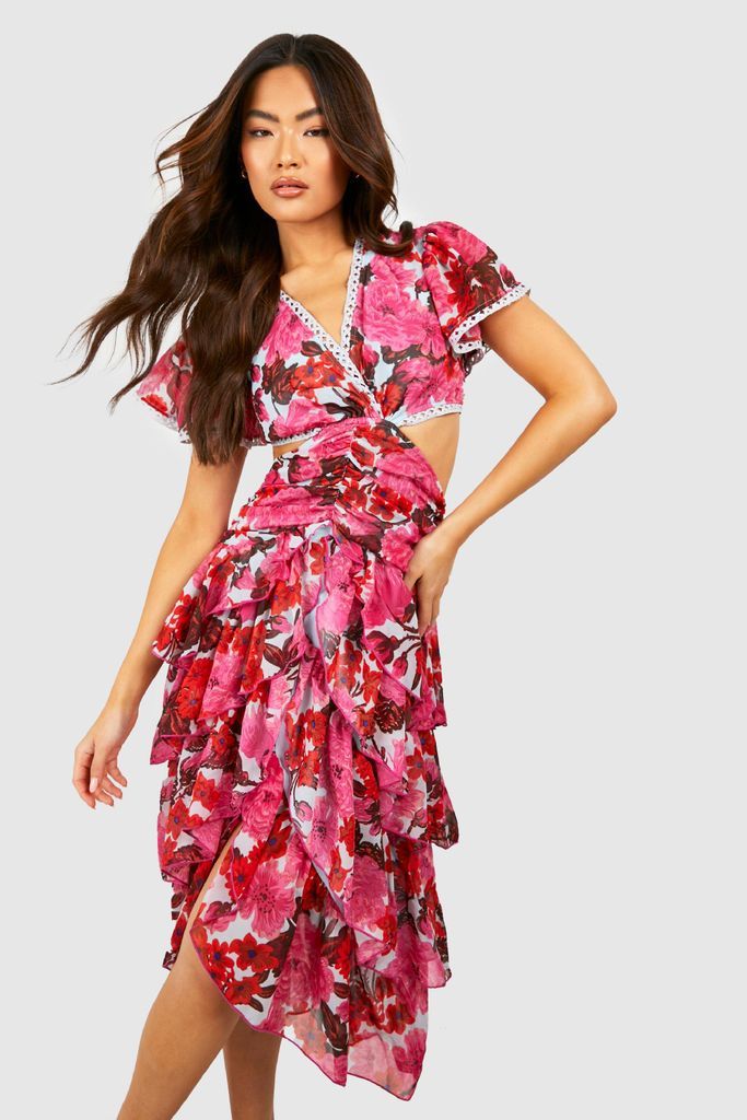 Womens Floral Cut Out Ruffle Midi Dress - Pink - 10, Pink