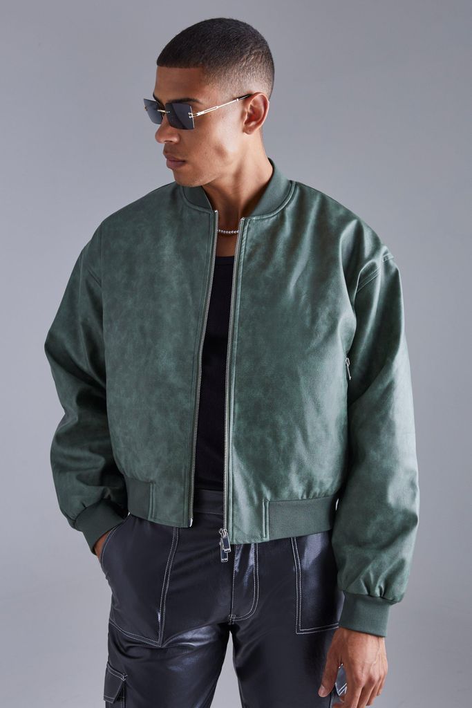 Men's Boxy Washed Pu Bomber - Green - S, Green