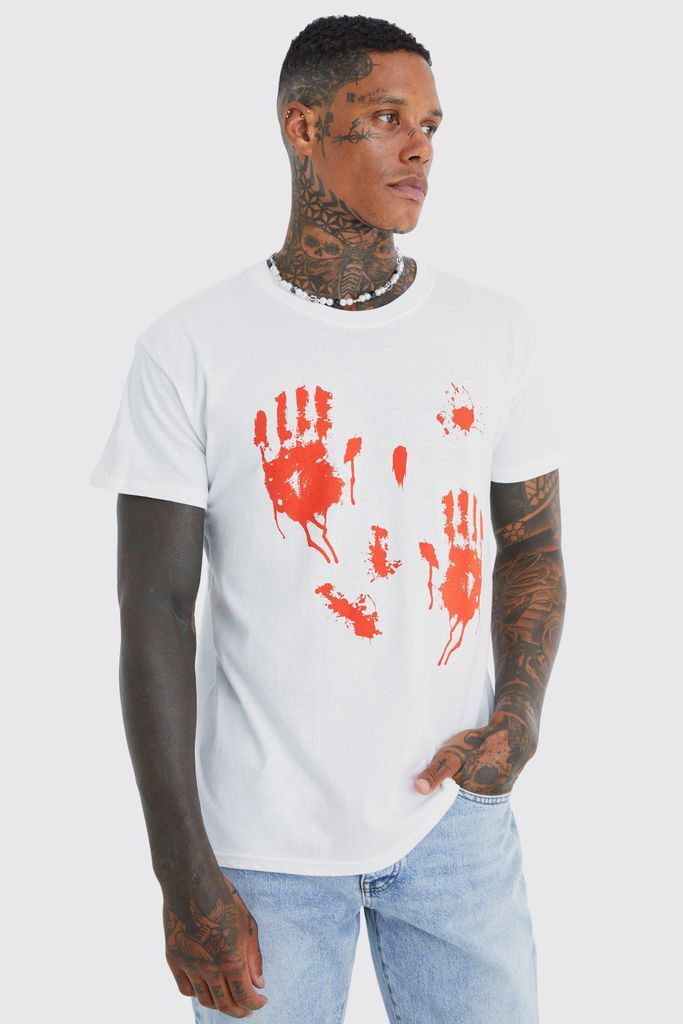 Men's Halloween Blood Hands Print T-Shirt - White - S, White