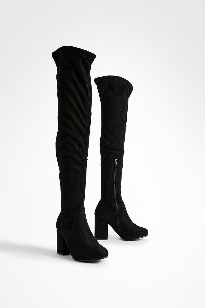Womens Wide Fit Stretch Block Heel Over The Knee Boots - Black - 3, Black