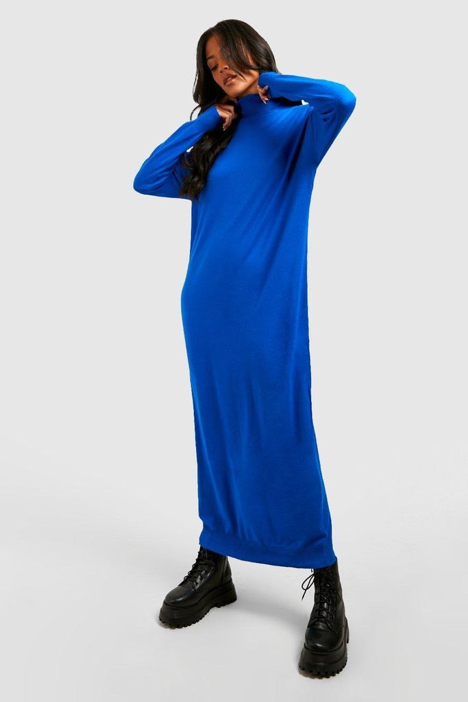 Womens Tall Fine Knit Roll Neck Knitted Midaxi Dress - Blue - 8, Blue