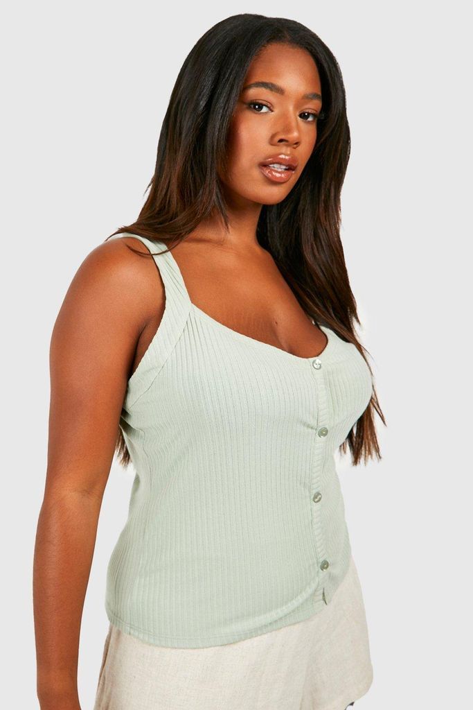 Womens Plus Soft Rib Button Front Fitted Cami Top - Green - 16, Green