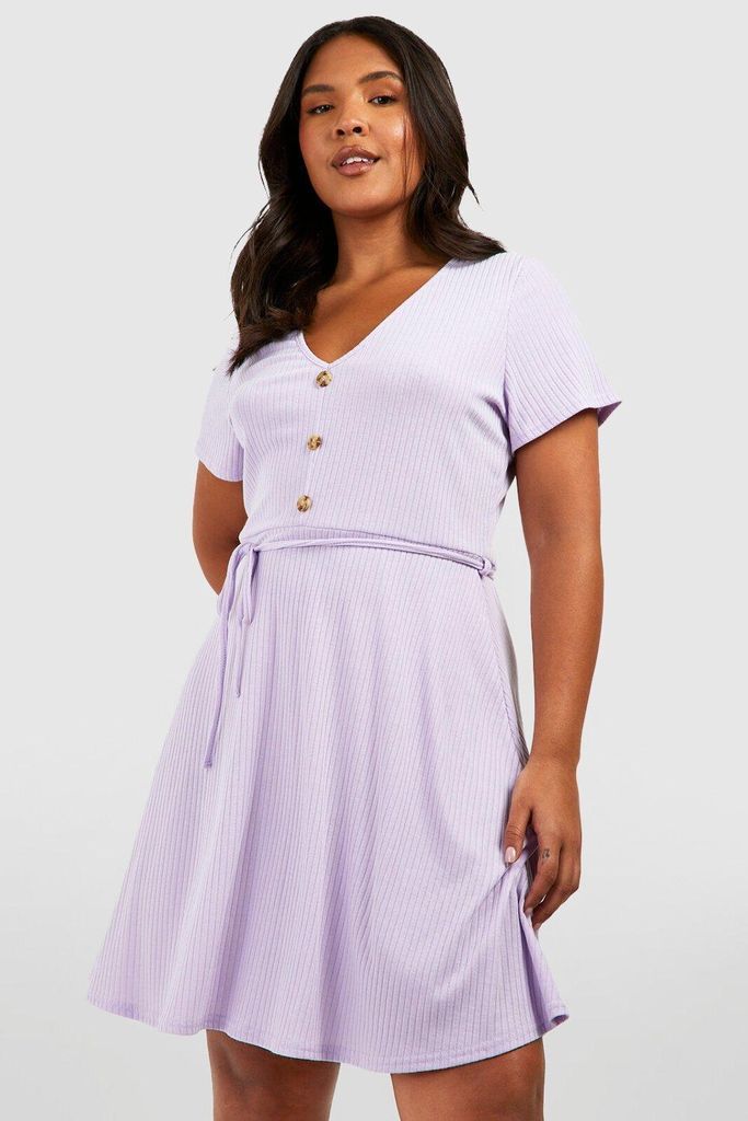 Womens Plus Soft Rib Horn Button Short Sleeve Skater Dress - Purple - 28, Purple