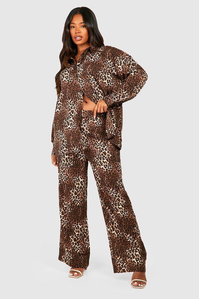 Womens Plus Leopard Shirt & Trouser Co-Ord - Brown - 28, Brown