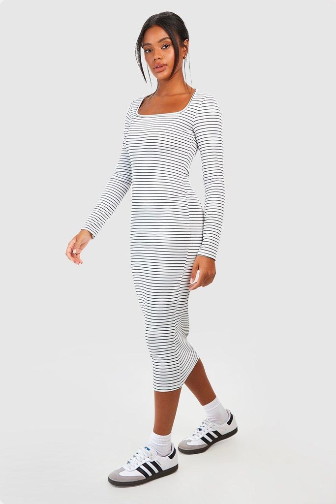 Womens Square Neck Stripe Bodycon Dress - White - 16, White