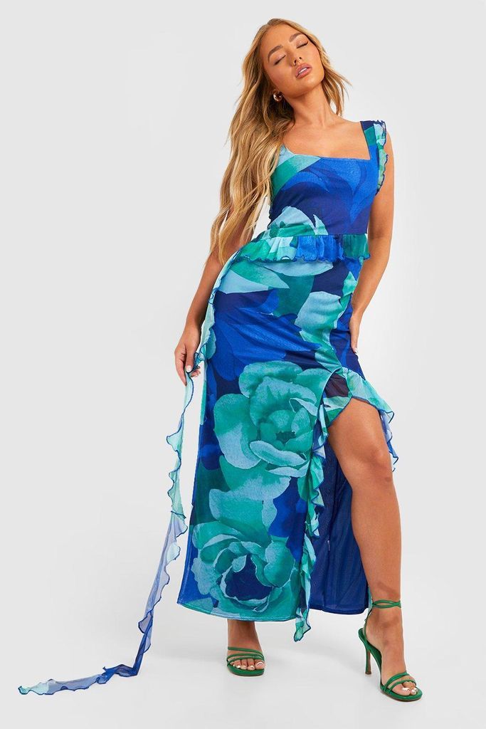 Womens Floral Strappy Ruffle Split Maxi Dress - Blue - 8, Blue