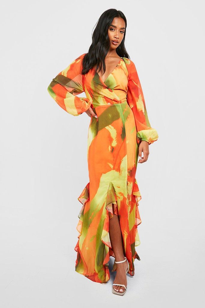 Womens Petite Abstract Print Ruffle Wrap Maxi Dress - Orange - 6, Orange