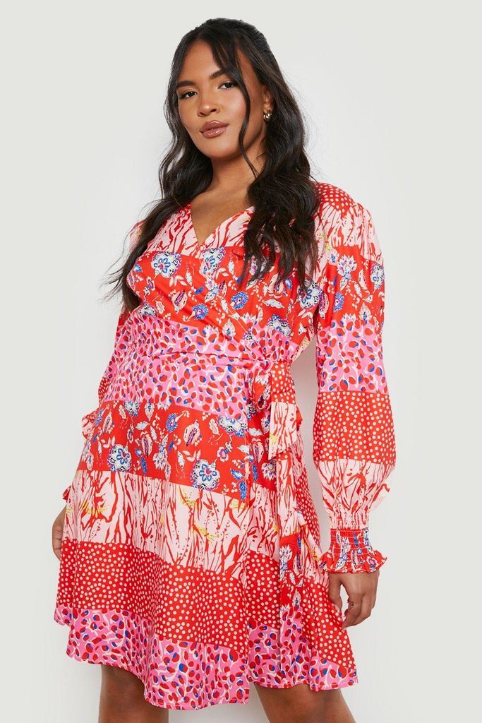 Womens Plus Woven Mixed Print Wrap Dress - Pink - 16, Pink