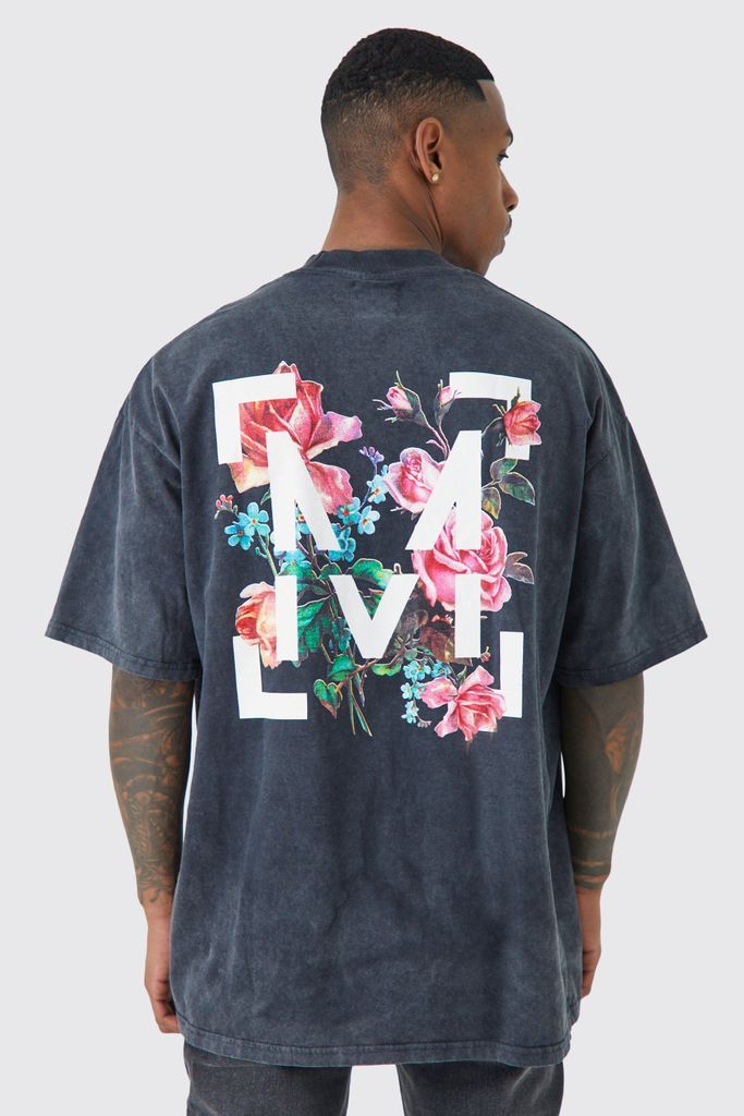 Men's Oversized Floral Graphic Acid Wash T-Shirt - Grey - S, Grey
