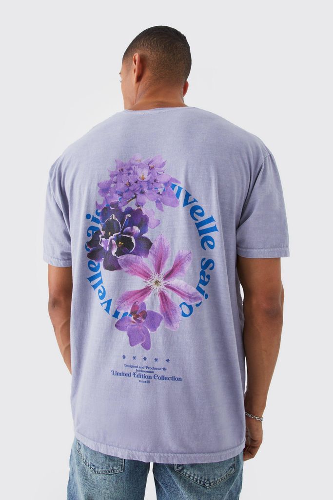Men's Oversized Wash Floral Back Graphic T-Shirt - Purple - S, Purple