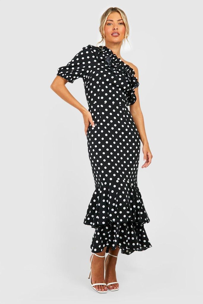 Womens Polka Dot Ruffle Midaxi Dress - Black - 8, Black
