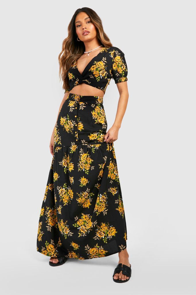 Womens Floral Puff Sleeve Crop & Maxi Skirt - Black - 6, Black
